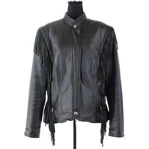 Harley Davidson Black Leather Fringe Trim Quilted Insulated Lining Moto Jacket L